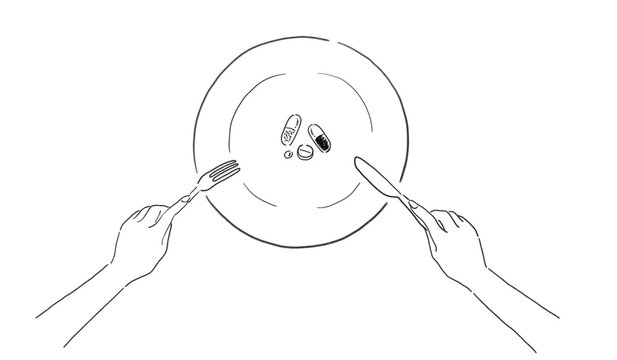 recommend clip art: フォークとナイフを持つ手とサプリメントの手描き線画イラスト