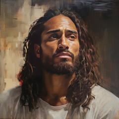 Ethnic Jesus Christ with Concerned Pensive Expression, Emotive Oil Painting Style Portrait