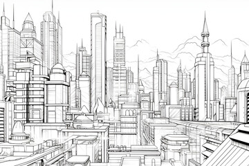 futuristic city skyline line drawing colouring page