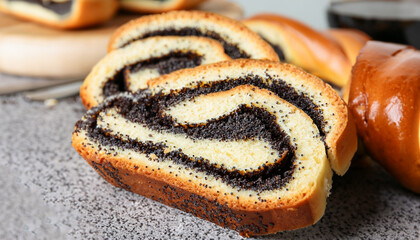 Cut poppy seed roll on table, closeup. Tasty cake