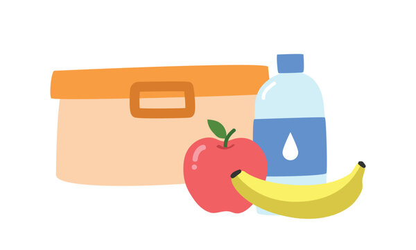 recommend clip art: School lunchbox clipart. Simple lunchbox with water bottle, apple, banana flat vector illustration clipart cartoon style, hand drawn doodle. Students, classroom, back to school concept