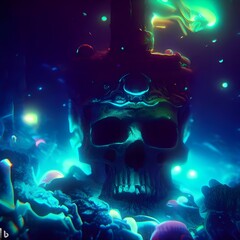 A mysterious and ancient skull submerged underwater in the depths of a bioluminescent abyss, Hypnotic, Dark Fantasy Generative AI