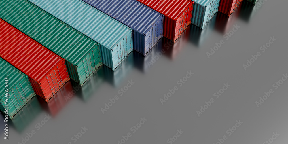 Poster background image with rows of export and import cargo containers of various colors, 3d rendering