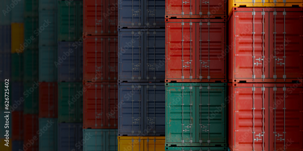 Poster background image with rows of export and import cargo containers of various colors, 3d rendering
