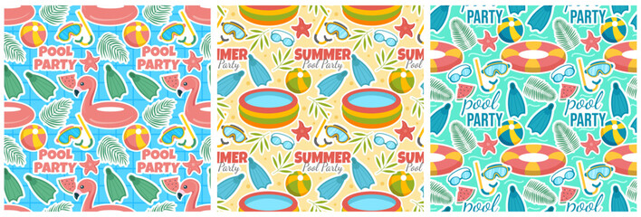 Set of Swimming Pool Seamless Pattern Vector Illustration with Summer Vacation Element in Flat Cartoon Template Hand Drawn