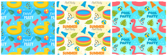 Set of Swimming Pool Seamless Pattern Vector Illustration with Summer Vacation Element in Flat Cartoon Template Hand Drawn