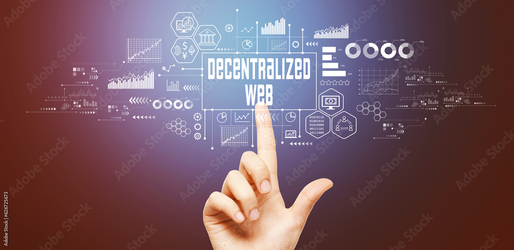 Aufkleber decentralized web theme with hand pressing a button on a technology screen