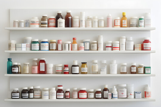 Bottles Of Pills And Medication On Pharmacy Shelf