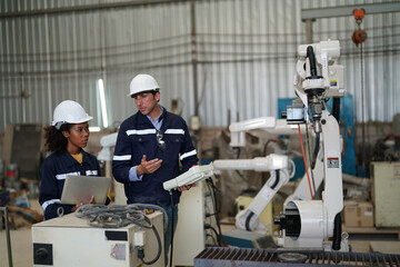 Multiracial industrial engineers working at automated AI robotic production factory, New industrial technology concept.