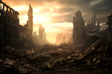 Naklejka premium post apocalyptic city ruins skyline sunset landscape