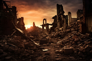post apocalyptic city ruins skyline sunset landscape