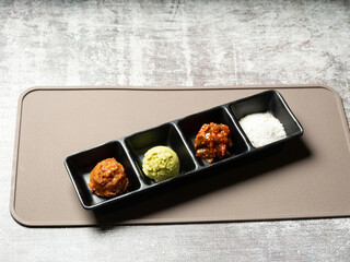 Assorted sauces and condiments on a plate