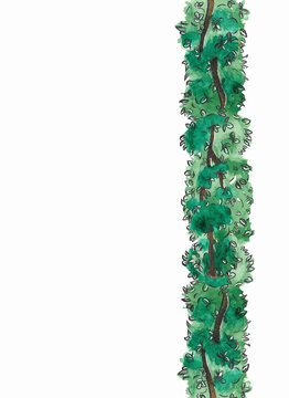 border of tree crowns with watercolor leaves