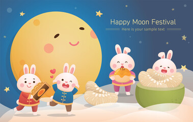 Obraz na płótnie Canvas Mid-autumn festival poster, cute and playful rabbit mascot with moon and moon cake and pomelo