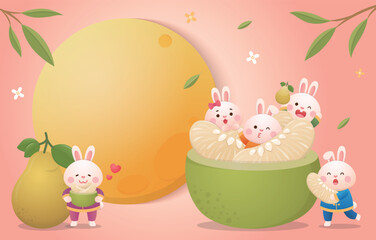 Mid-autumn festival poster, beautiful full moon and delicious pomelo and cute rabbit mascot, traditional festival in China and Taiwan