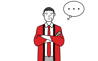 腕を組んで考える赤い法被を着た販売員のシニア男性