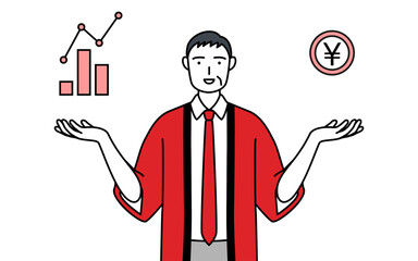 DXのイメージ、業績と売上の向上を案内する赤い法被を着た販売員のシニア男性