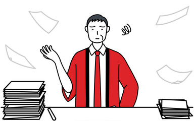 片付かない業務にうんざりする赤い法被を着た販売員のシニア男性