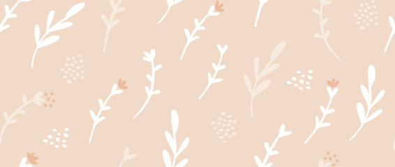 Seamless floral beige pattern. Simple flowers and leaves repeating background. Vintage rural wallpaper. Nude colored print for textile and fabric. Vector illustration.