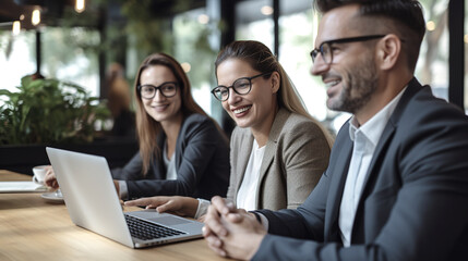 Cheerful business colleagues watching a presentation on a laptop bright light