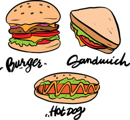 burger, sandwich, and hotdog cartoon
