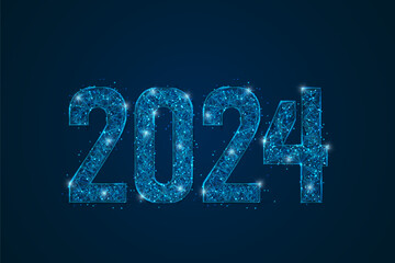 Abstract isolated blue image of new year number 2024. Polygonal low poly wireframe illustration looks like stars in the blask night sky in spase or flying glass shards. Digital web, internet design.