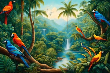 Fototapeta na wymiar Beautiful Nature Painting wildlife Birds with Tree Background. Birds of Paradise in the Jungle and Tropical Leaves Tree. 3d Interior Mural Canvas Painting wall art Wallpape