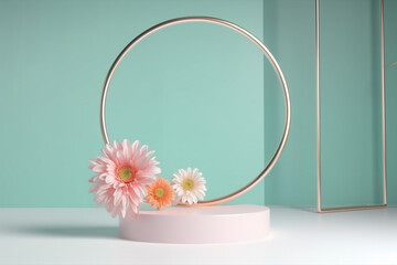 Delicate daisies and golden ring frame on display podium. Minimalist background template. Created with Generative AI technology