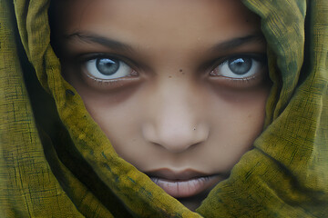close up portrait of young girl with blue eyes and chartreuse headscarf