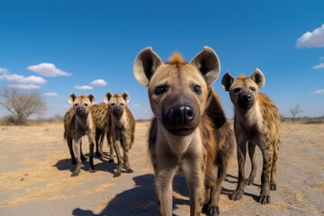 group of funny Hyena making selfie standing upright and looking attentively at the camera