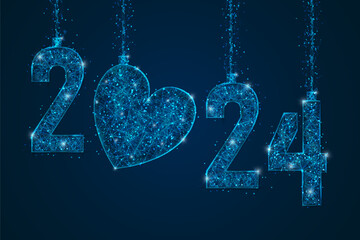 Abstract isolated blue image of new year number 2024. Polygonal low poly wireframe illustration looks like stars in the blask night sky in spase or flying glass shards. Digital web, internet design. © Katsiaryna