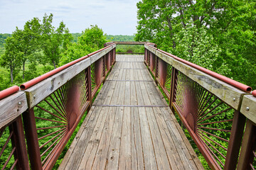 Obraz premium Crisp view of tree top boardwalk bridge overlooking forest area with rising sun pattern under railing