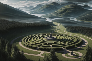 Fototapeta na wymiar Castle in circular maze. Generative AI