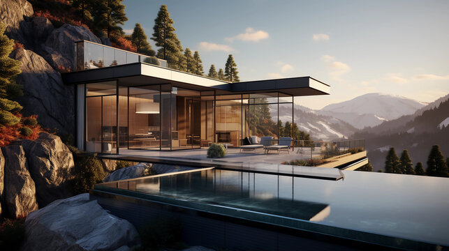 Modern Exterior Of A Luxury Villa In A Minimal Style. Glass House In The Mountains