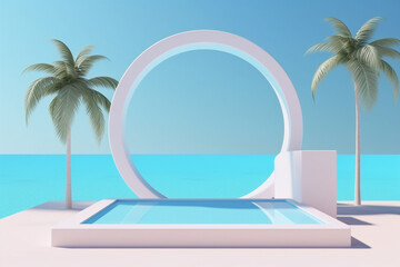 Modern outdoor swimming pool with coconut trees and ocean horizon view through white round decor background template. Created with Generative AI technology