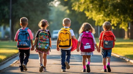 Group of young children walking together in friendship, embodying the back-to-school concept on their first day of school, generative ai - obrazy, fototapety, plakaty