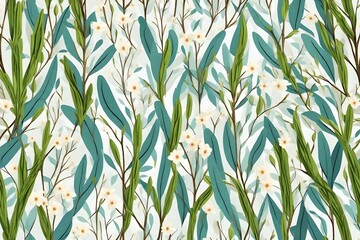 Seamless Pattern Willow Branches Hanging on above with Flowers Decor illustration Background. Flowers and Leave on Wall 3d Abstraction wallpaper for Interior mural painting