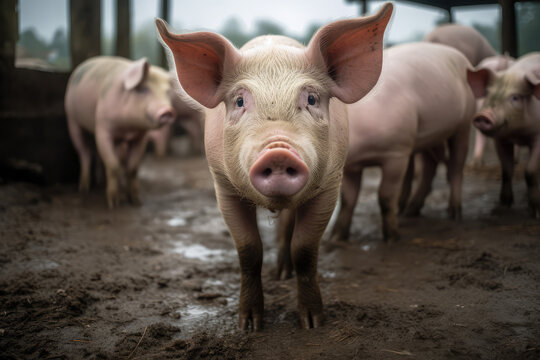 pigs in a farm looking at camera, generative AI