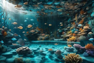 Enter the Enchanting Underwater Realm - Immerse Yourself in the Mesmerizing 3D Effect Wall with Wild Illustration Background. 3D Interior Mural for Home Wall art Decor Wallpaper   - obrazy, fototapety, plakaty