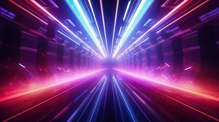 Fototapeta na wymiar eon light tunnel with red and neon rainbow lights, in the style of rustic futurism, violet and aquamarine, high-angle, vintage aesthetics, poster, unreal engine 5, large canvas format