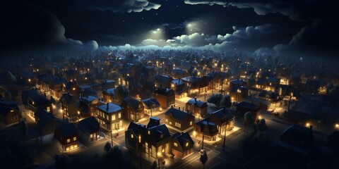 Festive Cityscape with Colorful Houses and Snowy Streets, Copy Space, Generative AI