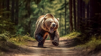 angry running grizzly bear in the forest, made with Generative AI - obrazy, fototapety, plakaty