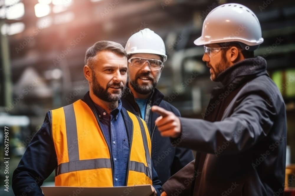 Poster manager and iron worker talking and looking to work another way in the factory
