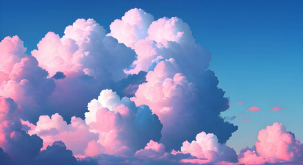Illustration of beautiful clouds with blue pink colors, in the sky, wallpaper, generative ai