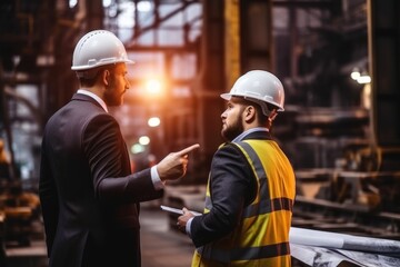 Manager and iron worker talking and looking to work another way in the factory