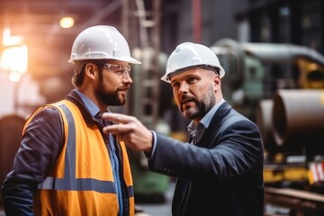 Manager and iron worker talking and looking to work another way in the factory