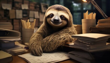Lazy Days: Adorable Sloth Relaxing on Desk Surrounded by Stacks of Papers, Generative AI