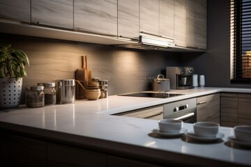 Modern style kitchen with light countertop with sink, hob, oven, and kitchen utensils. There are drawers - obrazy, fototapety, plakaty