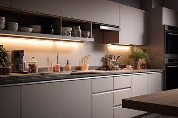 Fototapeta na wymiar Modern style kitchen with light countertop with sink, hob, oven, and kitchen utensils. There are drawers
