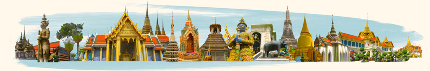 Collage of landmarks of Bangkok, Thailand. The Royal Palace palace of the king of Thailand at...
